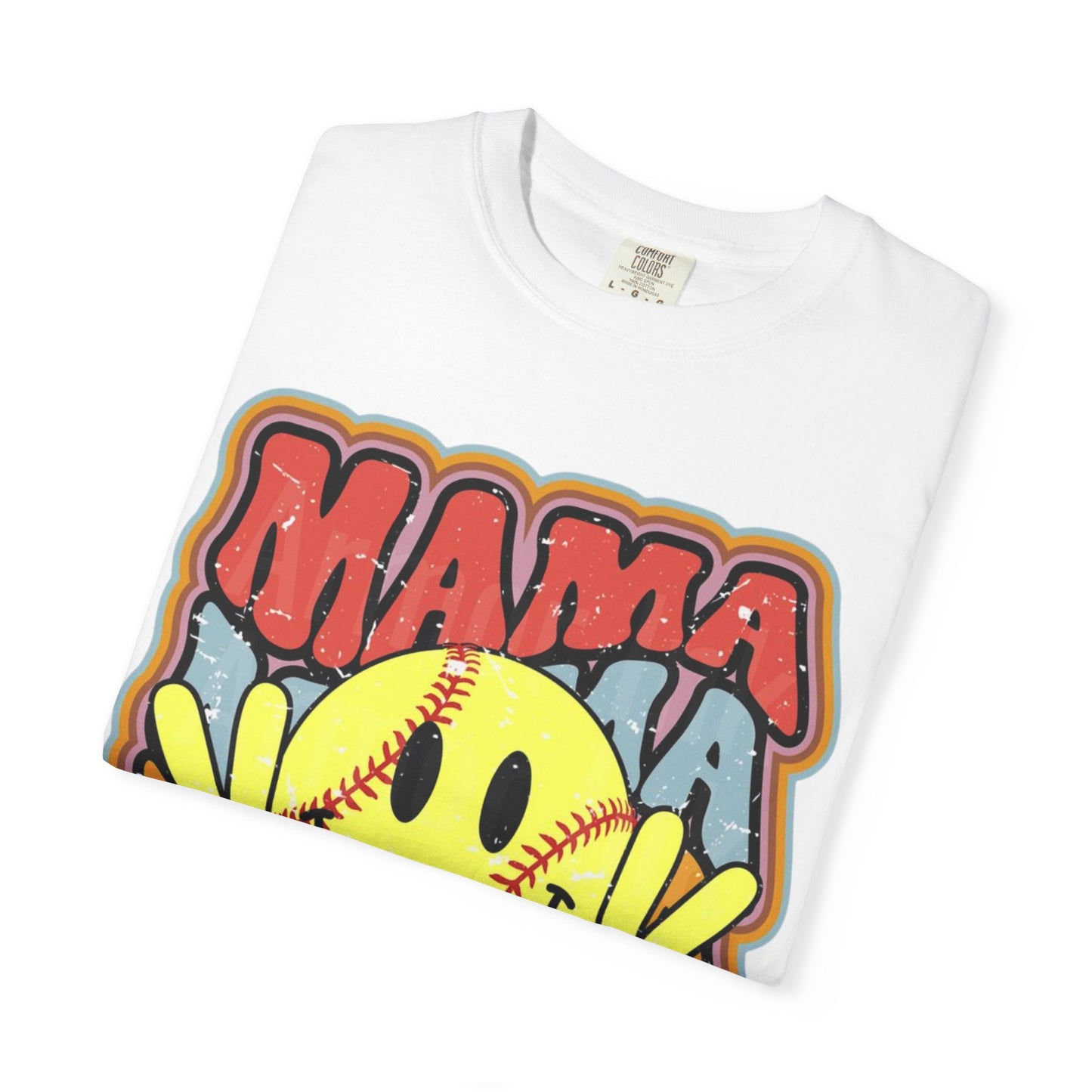 Mama Softball Smile T-Shirt — Retro Peace Sign Softball Mom Tee