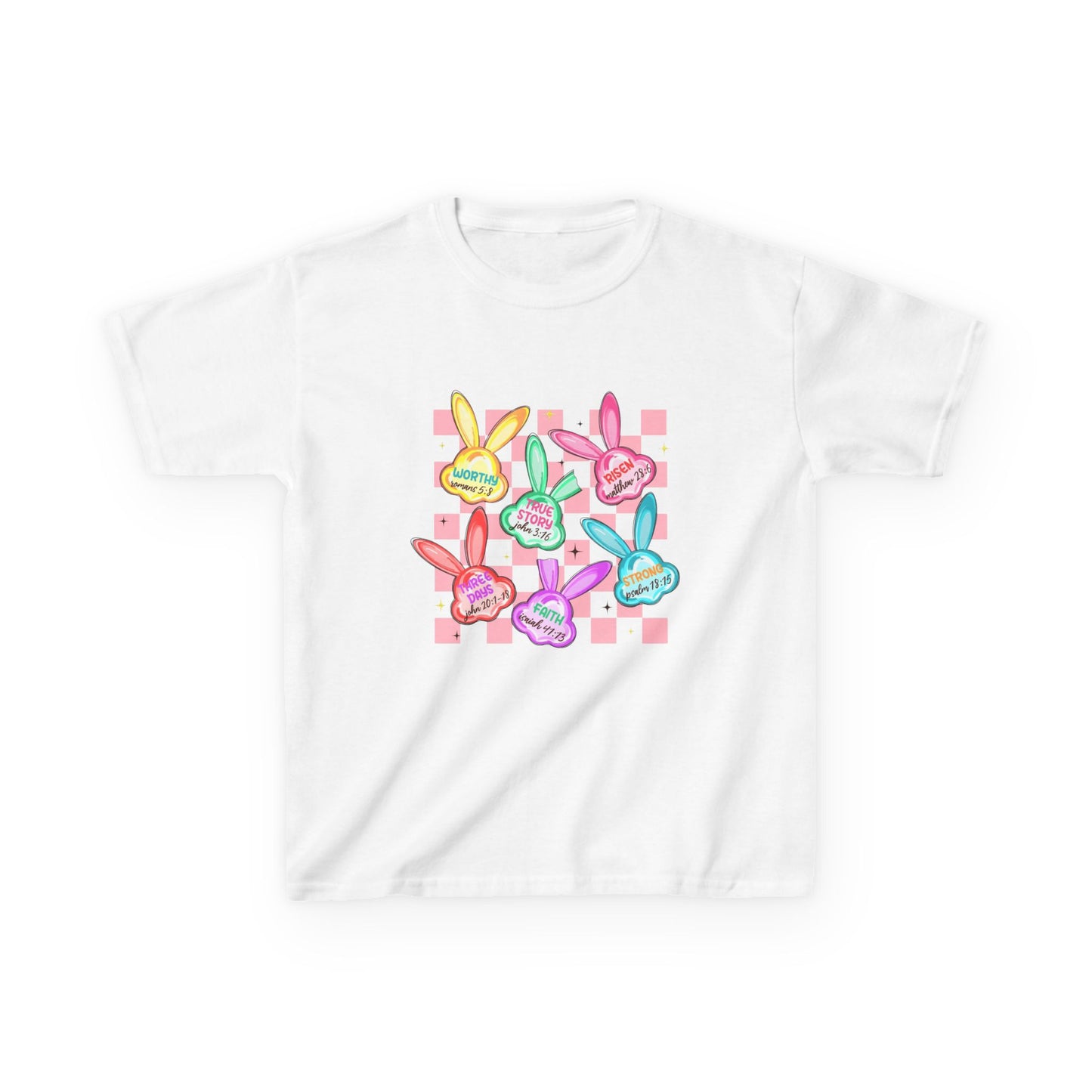 Kids Tee — Colorful Pastel Bunny Badges “Hug Me” Graphic