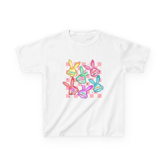 Kids Tee — Colorful Pastel Bunny Badges “Hug Me” Graphic