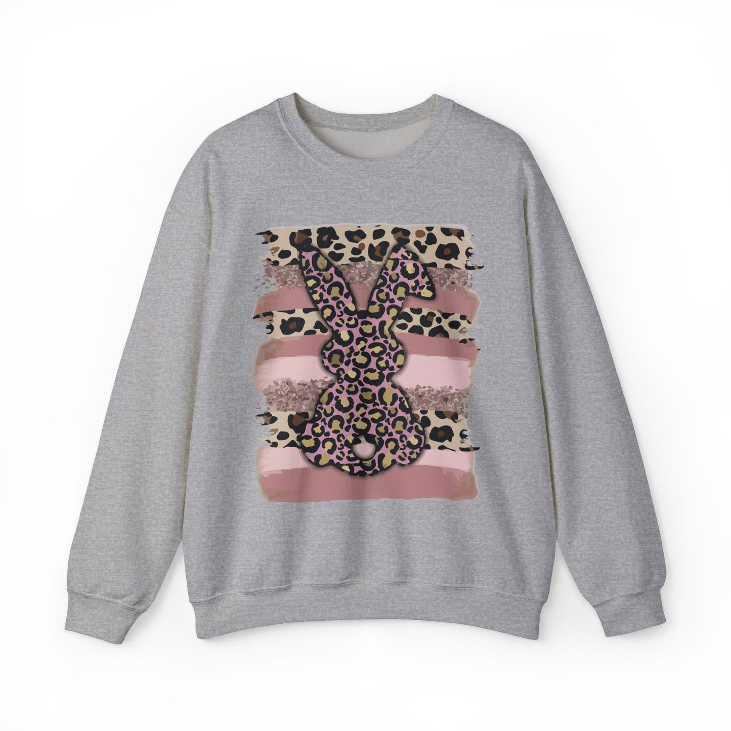 Leopard Print Bunny Crewneck Sweatshirt — Pink Striped Animal Easter Pullover