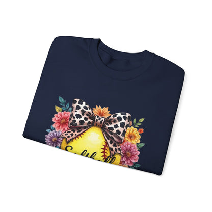 Softball Mama Crewneck Sweatshirt — Floral Softball Design with Leopard Bow