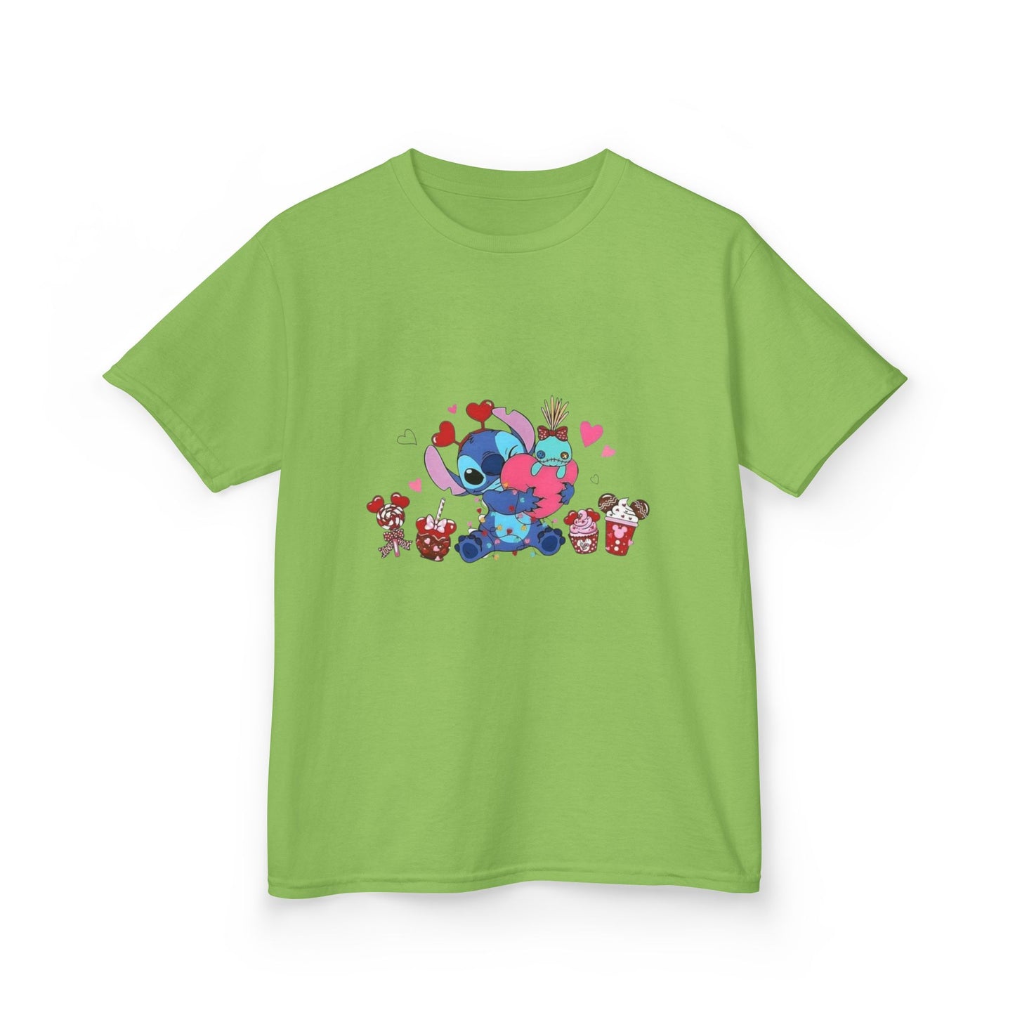 Stitch- Kids Valentine Alien Tee — Cute Blue Alien Hugging Pink Heart Plushie