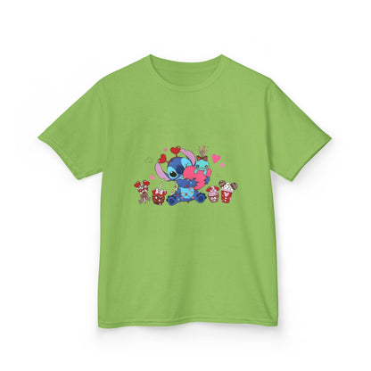 Stitch- Kids Valentine Alien Tee — Cute Blue Alien Hugging Pink Heart Plushie