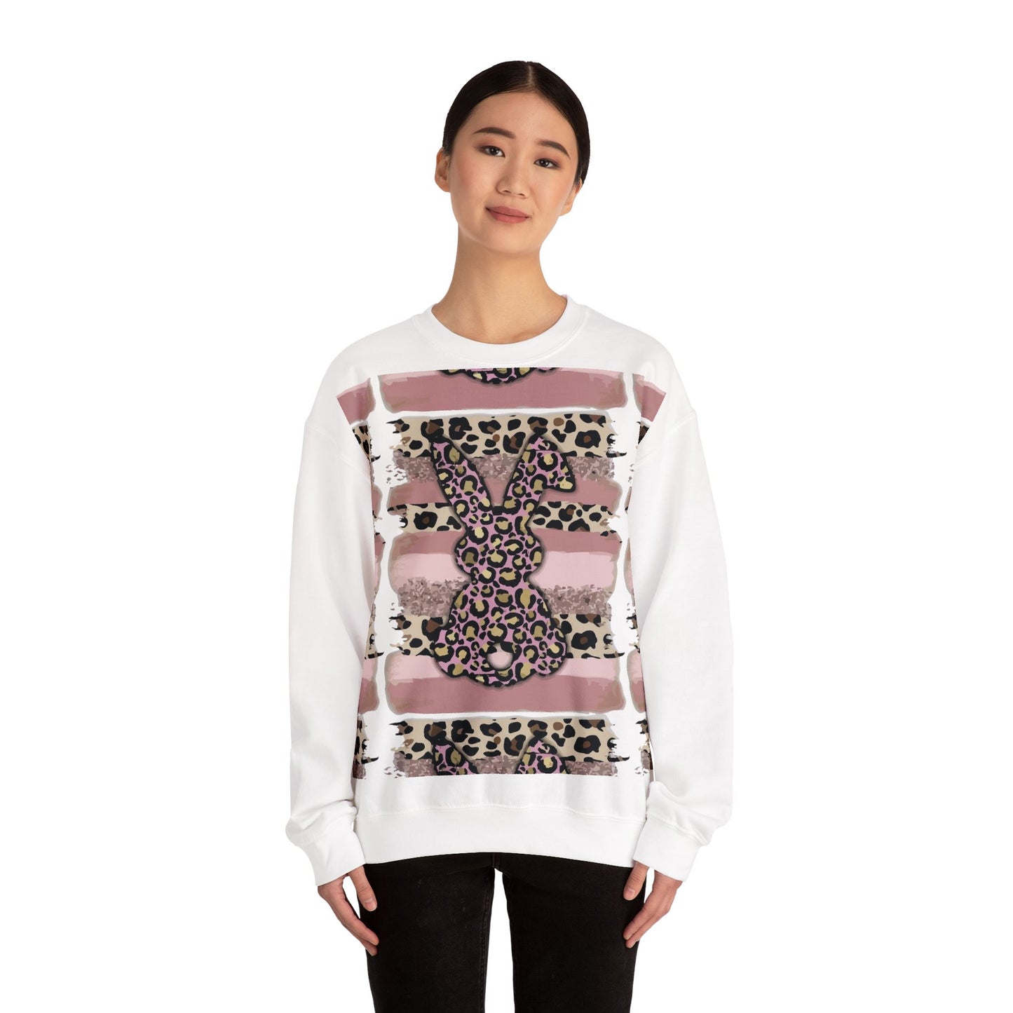 Leopard Print Bunny Crewneck Sweatshirt — Pink Striped Animal Easter Pullover