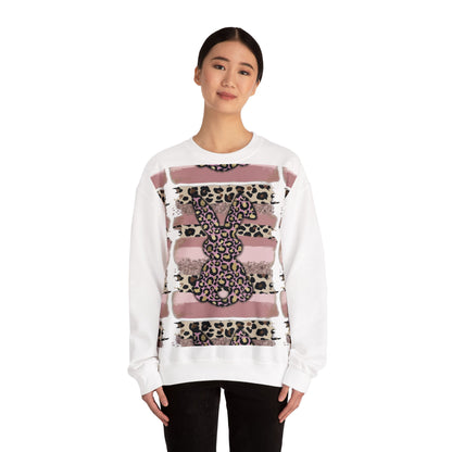 Leopard Print Bunny Crewneck Sweatshirt — Pink Striped Animal Easter Pullover