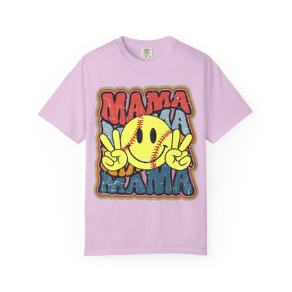 Mama Softball Smile T-Shirt — Retro Peace Sign Softball Mom Tee