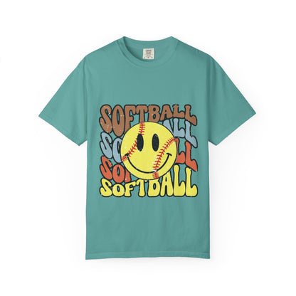 Softball Smile T-Shirt — Retro Smiley Softball Graphic Tee