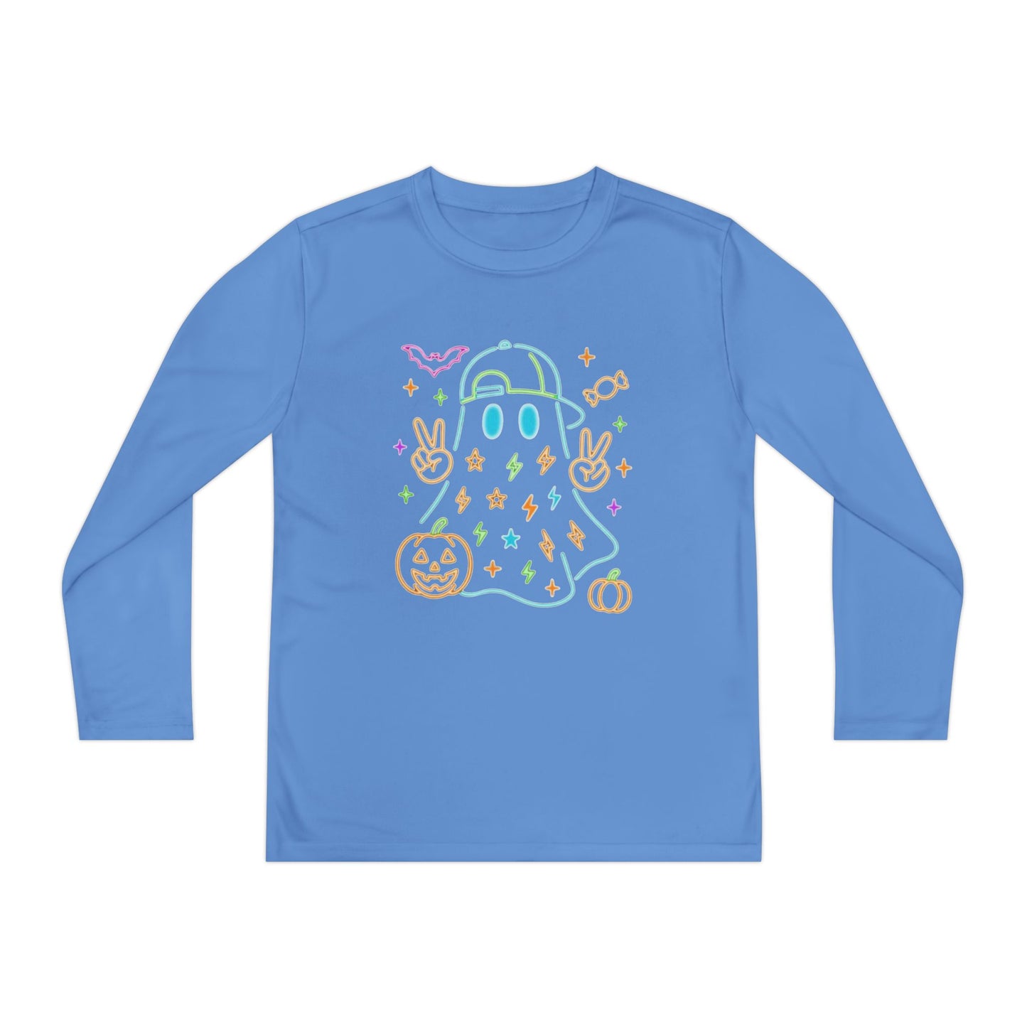Youth Long Sleeve Ghost Tee, Halloween Shirt, Pumpkin Design, Cute Apparel, Kids' Holiday Wear, Spooky Fun Top