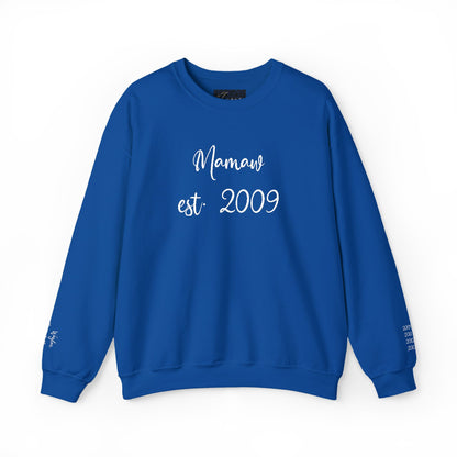 Embroidered Mamaw est. 2009- Grandkids on Wrist - Crewneck Sweatshirt — Personalized Grandma Gift