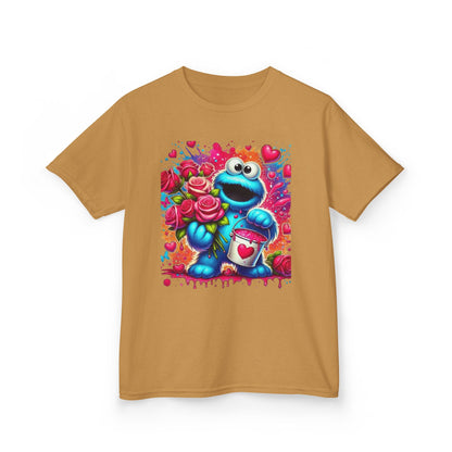 Valentine Blue Monster Kids Tee — Cute Fluffy Monster with Roses & Heart Paint