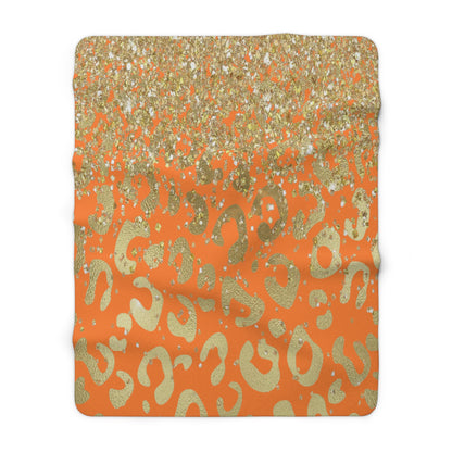 Gold Glitter Leopard Sherpa Blanket — Orange Animal Print Cozy Throw