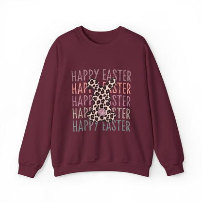 Easter Leopard Bunny Sweatshirt — "Happy Easter" Pastel Graphic Crewneck