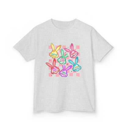 Kids Tee — Colorful Pastel Bunny Badges “Hug Me” Graphic