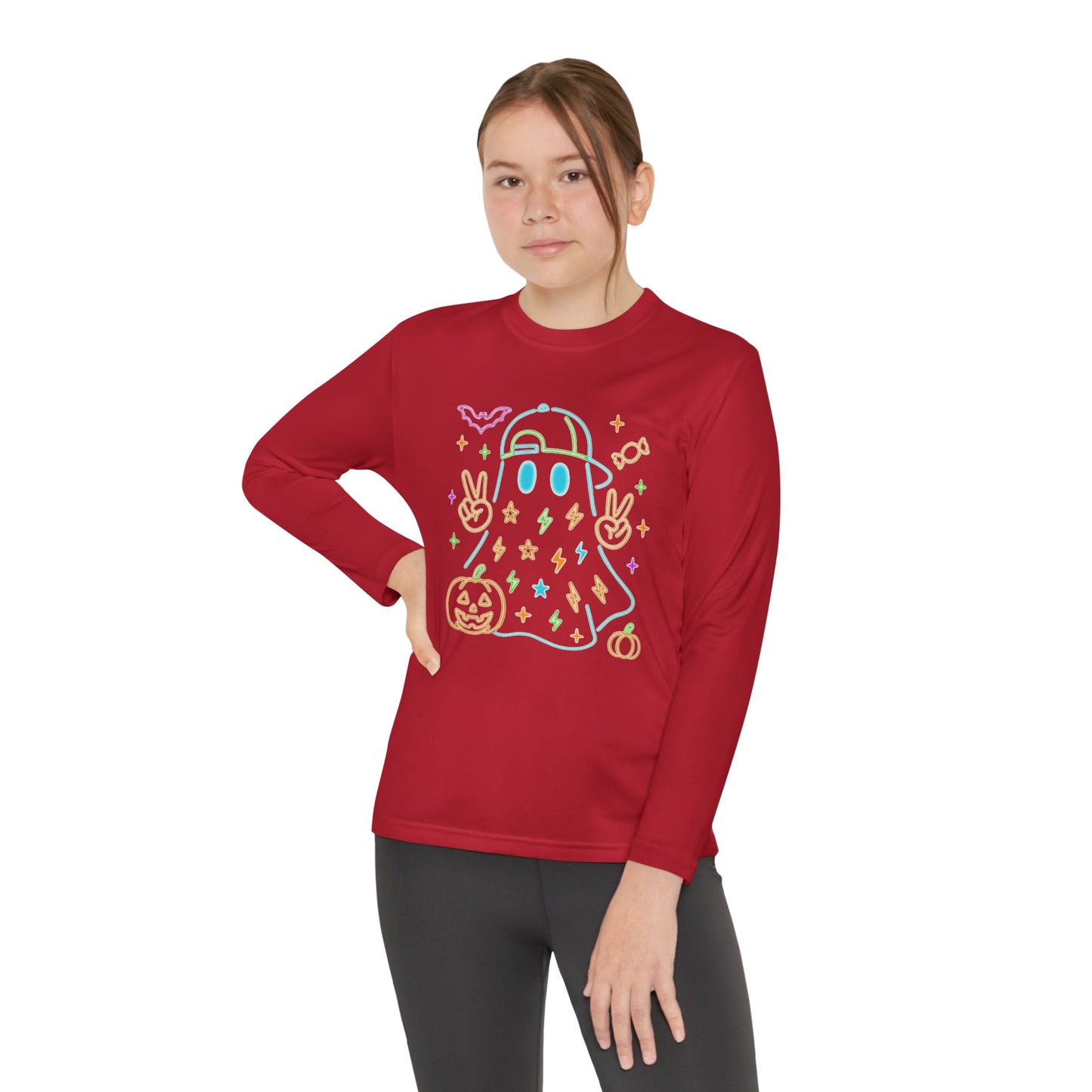 Youth Long Sleeve Ghost Tee, Halloween Shirt, Pumpkin Design, Cute Apparel, Kids' Holiday Wear, Spooky Fun Top