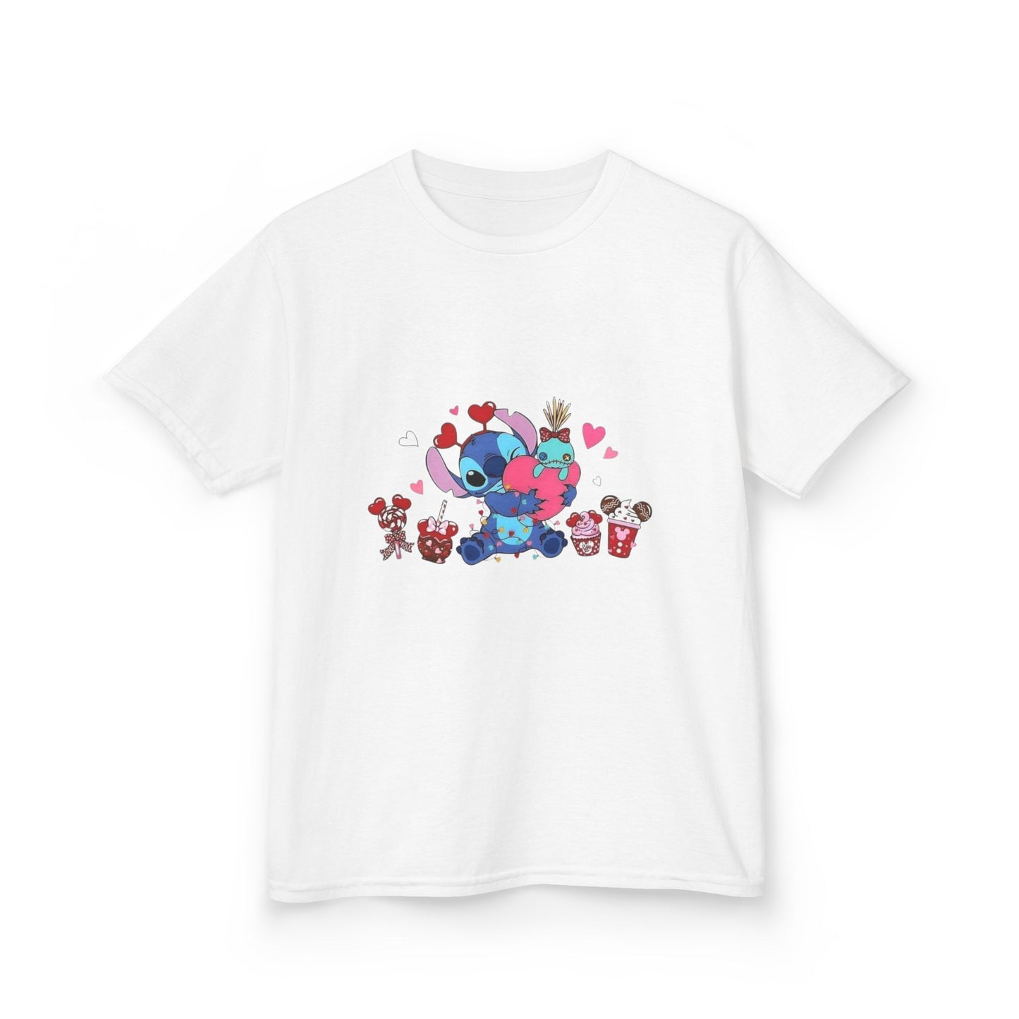 Stitch- Kids Valentine Alien Tee — Cute Blue Alien Hugging Pink Heart Plushie