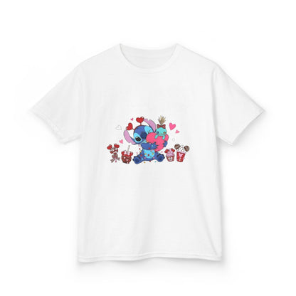 Stitch- Kids Valentine Alien Tee — Cute Blue Alien Hugging Pink Heart Plushie