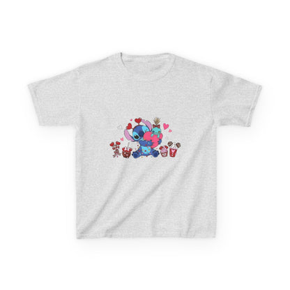 Stitch- Kids Valentine Alien Tee — Cute Blue Alien Hugging Pink Heart Plushie