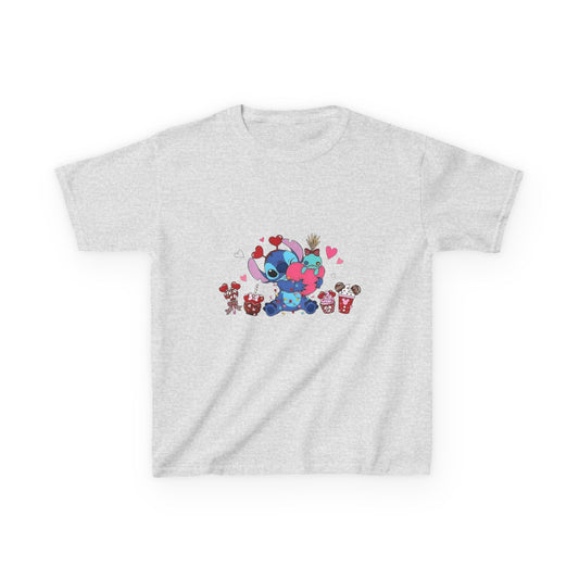 Stitch- Kids Valentine Alien Tee — Cute Blue Alien Hugging Pink Heart Plushie