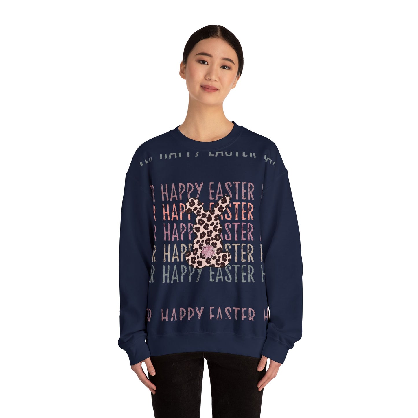 Easter Leopard Bunny Sweatshirt — "Happy Easter" Pastel Graphic Crewneck