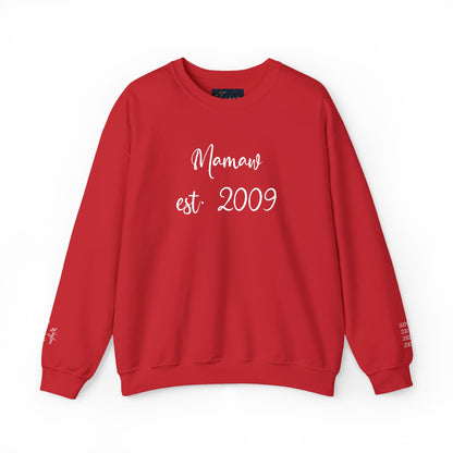 Embroidered Mamaw est. 2009- Grandkids on Wrist - Crewneck Sweatshirt — Personalized Grandma Gift