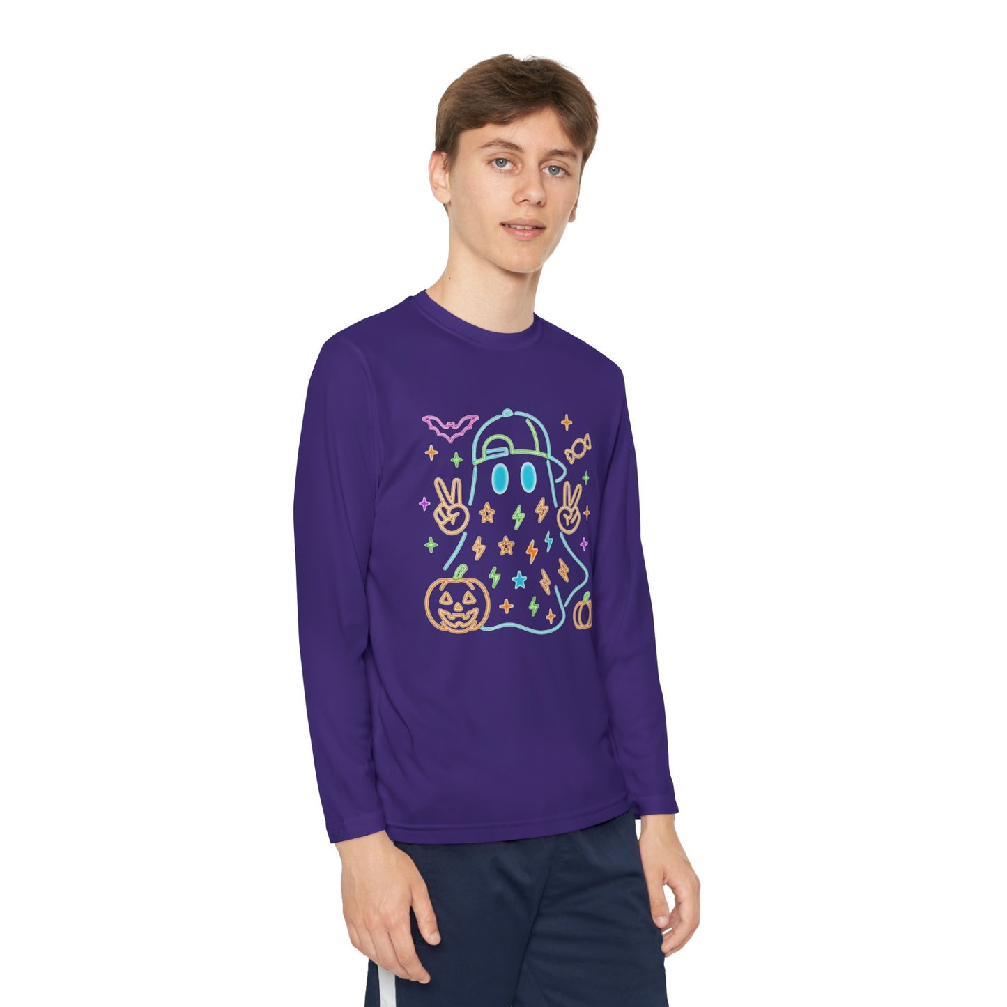 Youth Long Sleeve Ghost Tee, Halloween Shirt, Pumpkin Design, Cute Apparel, Kids' Holiday Wear, Spooky Fun Top