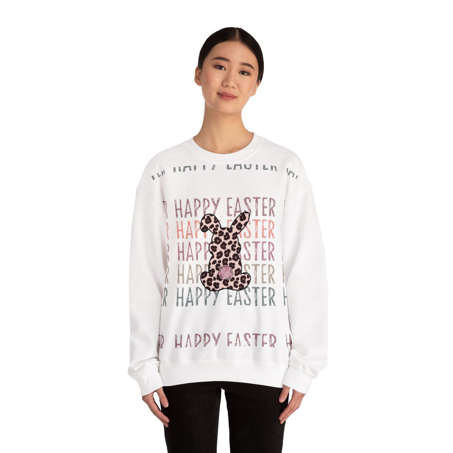 Easter Leopard Bunny Sweatshirt — "Happy Easter" Pastel Graphic Crewneck