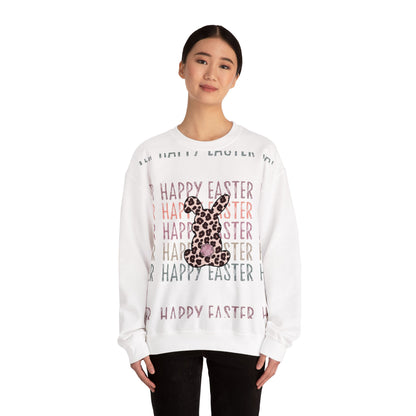 Easter Leopard Bunny Sweatshirt — "Happy Easter" Pastel Graphic Crewneck