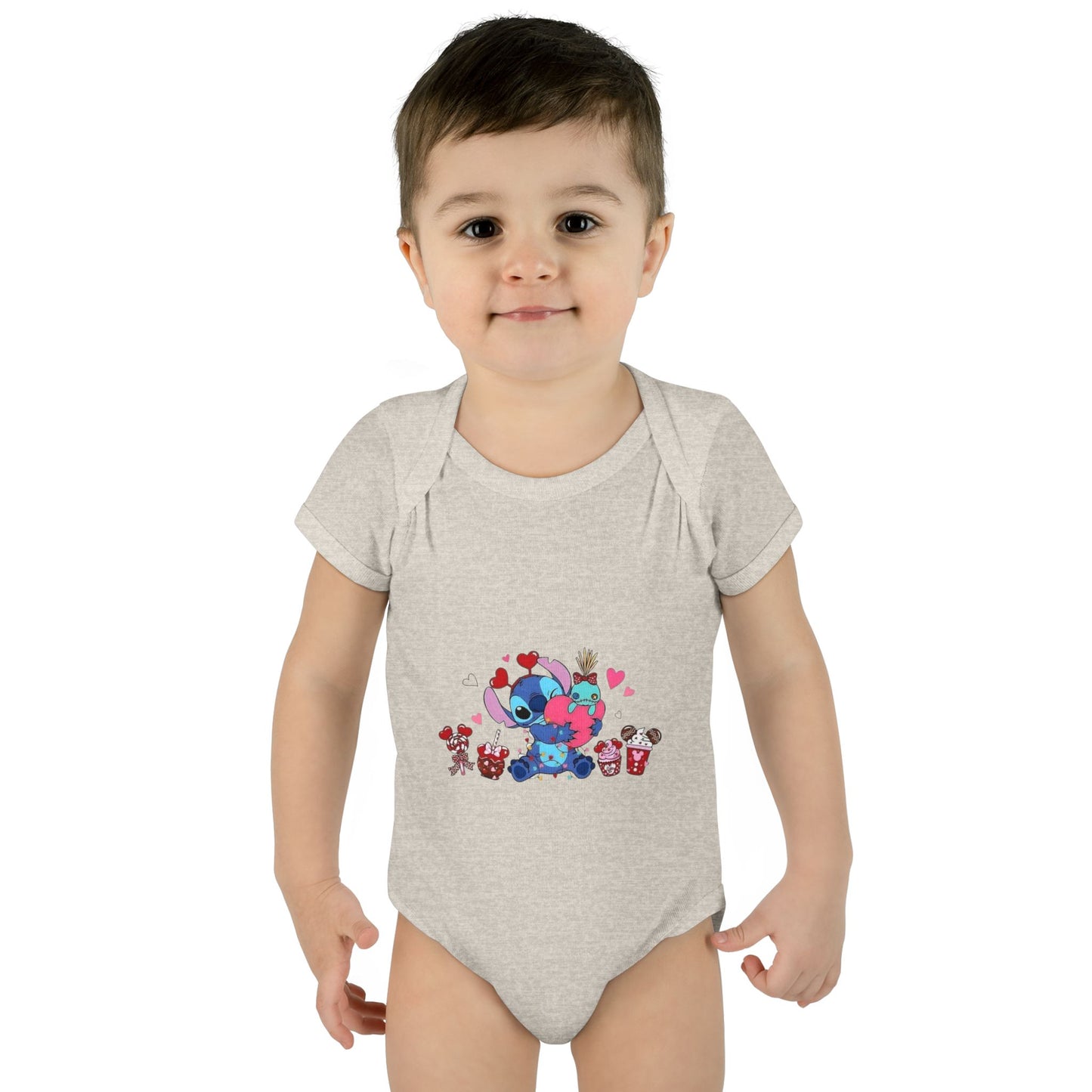 Stitch Valentine Baby Bodysuit — Cute Disney-Inspired Infant Onesie with Hearts & Treats