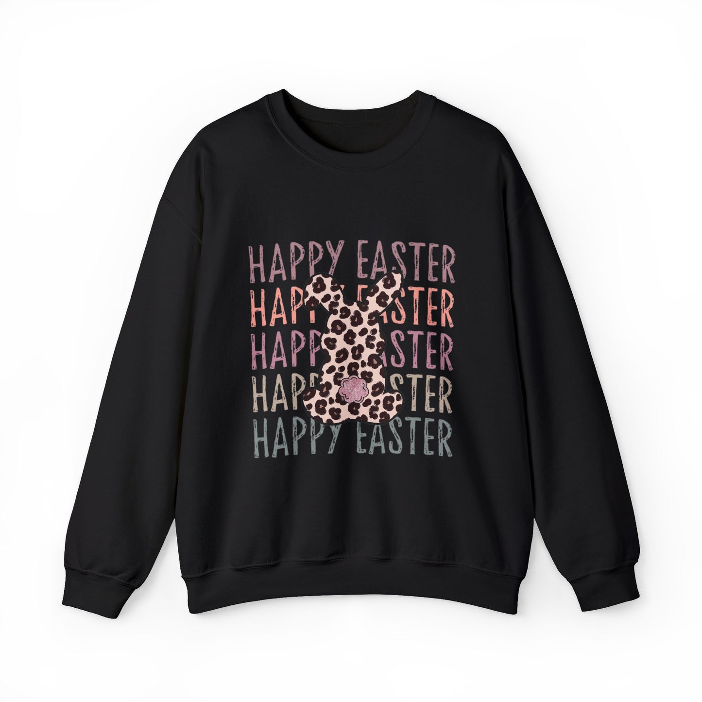 Easter Leopard Bunny Sweatshirt — "Happy Easter" Pastel Graphic Crewneck