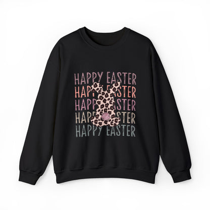 Easter Leopard Bunny Sweatshirt — "Happy Easter" Pastel Graphic Crewneck