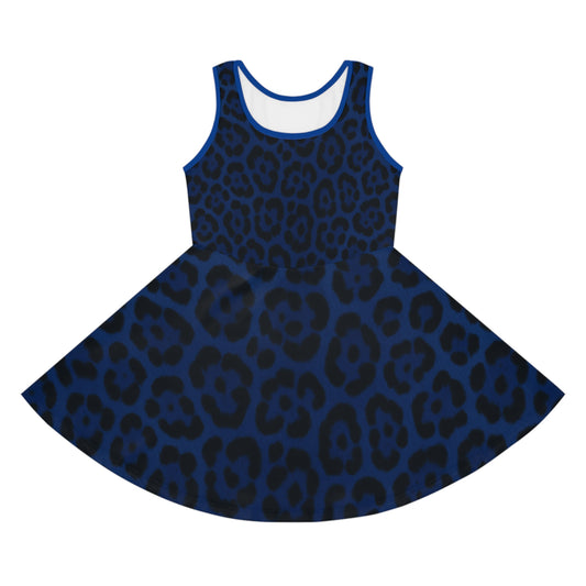 Blue Leopard Print Girls' Sundress, Cute Summer Dress for Girls, Fashionable Birthday Outfit, Party Dress, Playwear