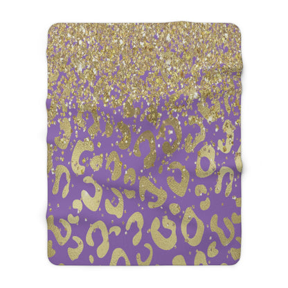 Gold Glitter Leopard Sherpa Blanket — Purple Animal Print Cozy Throw