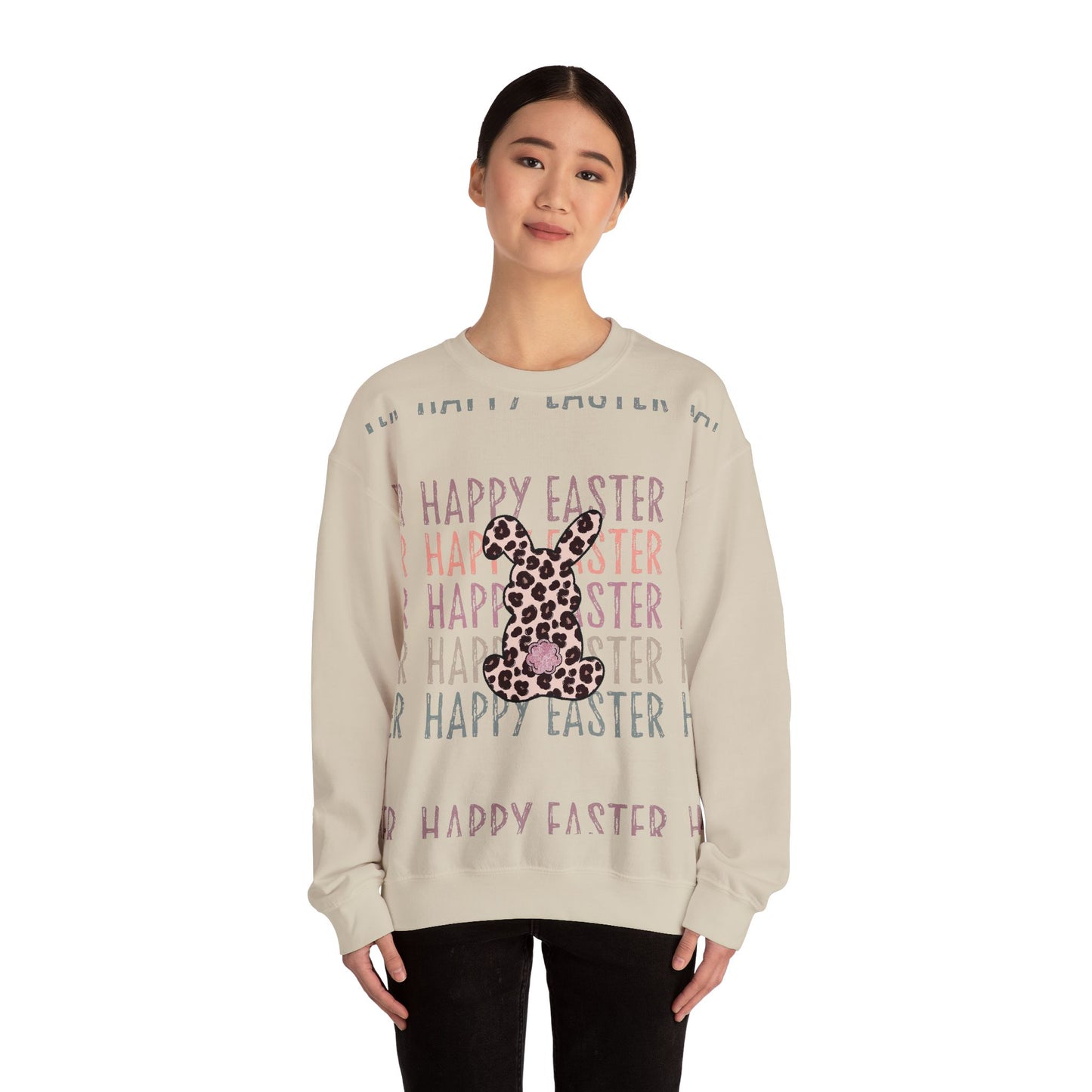 Easter Leopard Bunny Sweatshirt — "Happy Easter" Pastel Graphic Crewneck