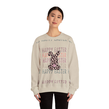 Easter Leopard Bunny Sweatshirt — "Happy Easter" Pastel Graphic Crewneck