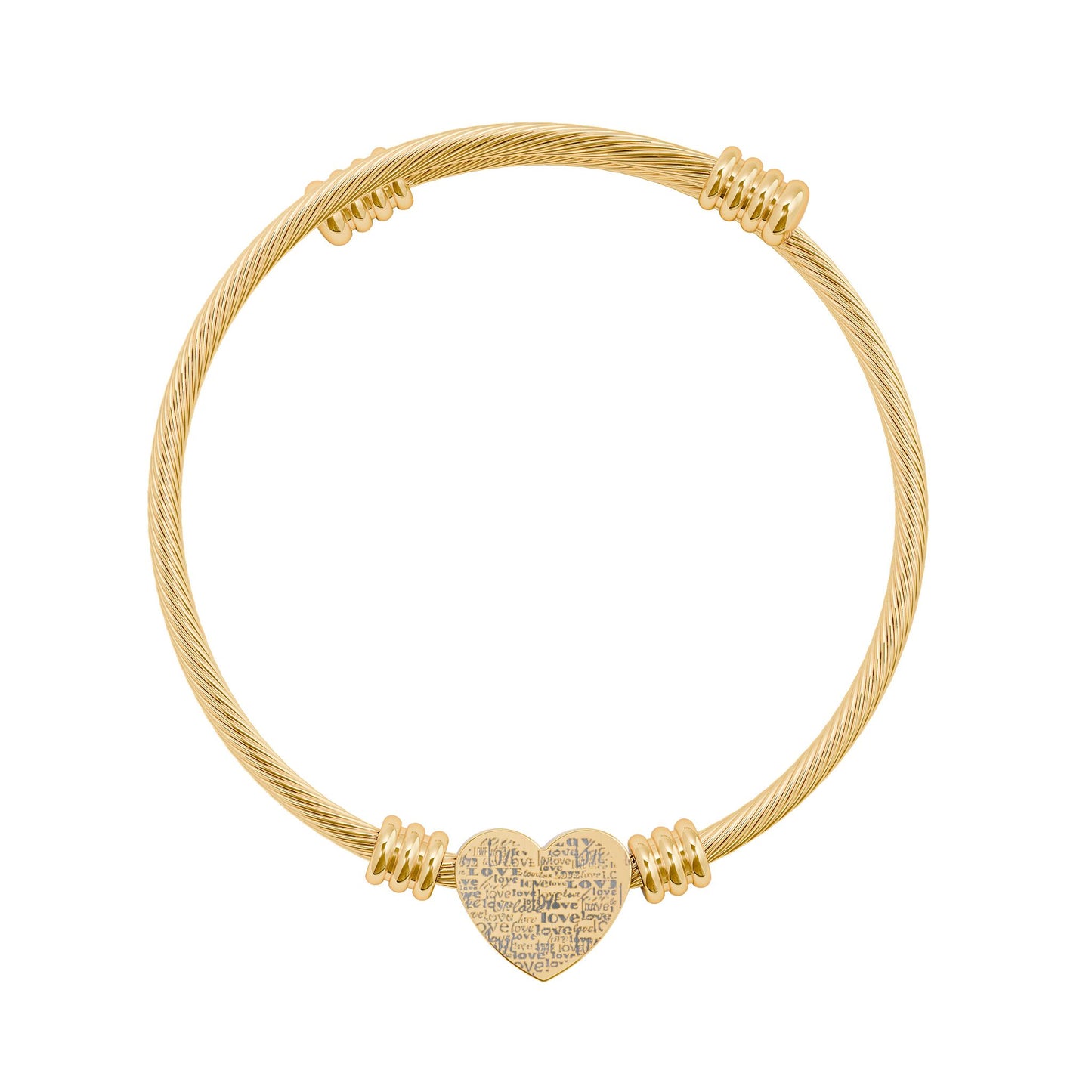 LOVE- Engravable Heart Cuff Bracelet — Personalized Cable Wire Bangle (Silver or Gold)