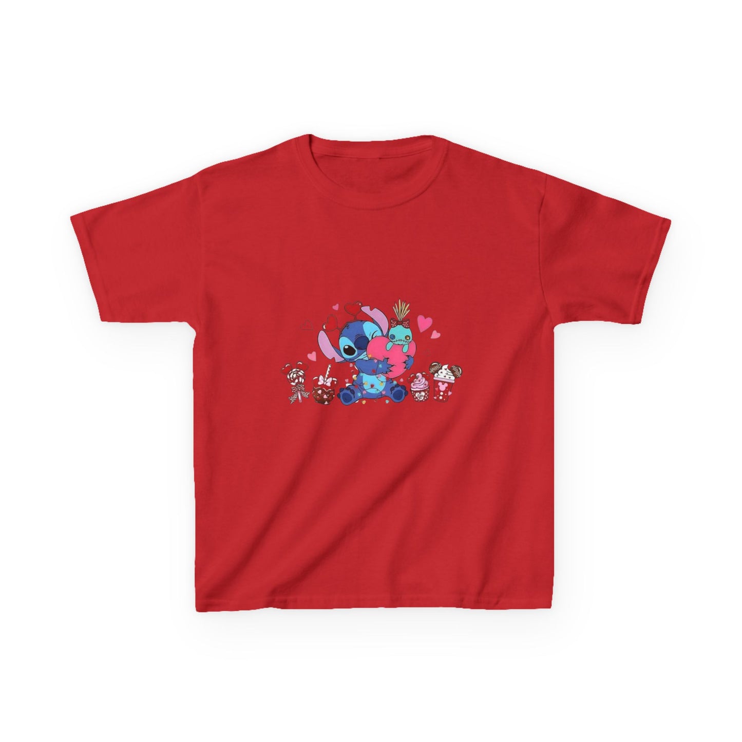 Stitch- Kids Valentine Alien Tee — Cute Blue Alien Hugging Pink Heart Plushie