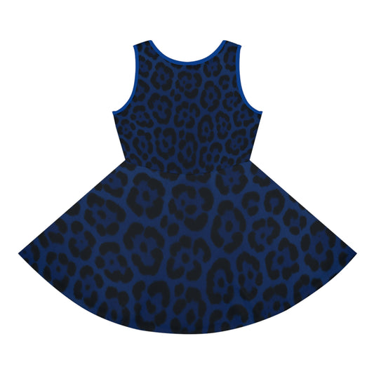 Blue Leopard Print Girls' Sundress, Cute Summer Dress for Girls, Fashionable Birthday Outfit, Party Dress, Playwear