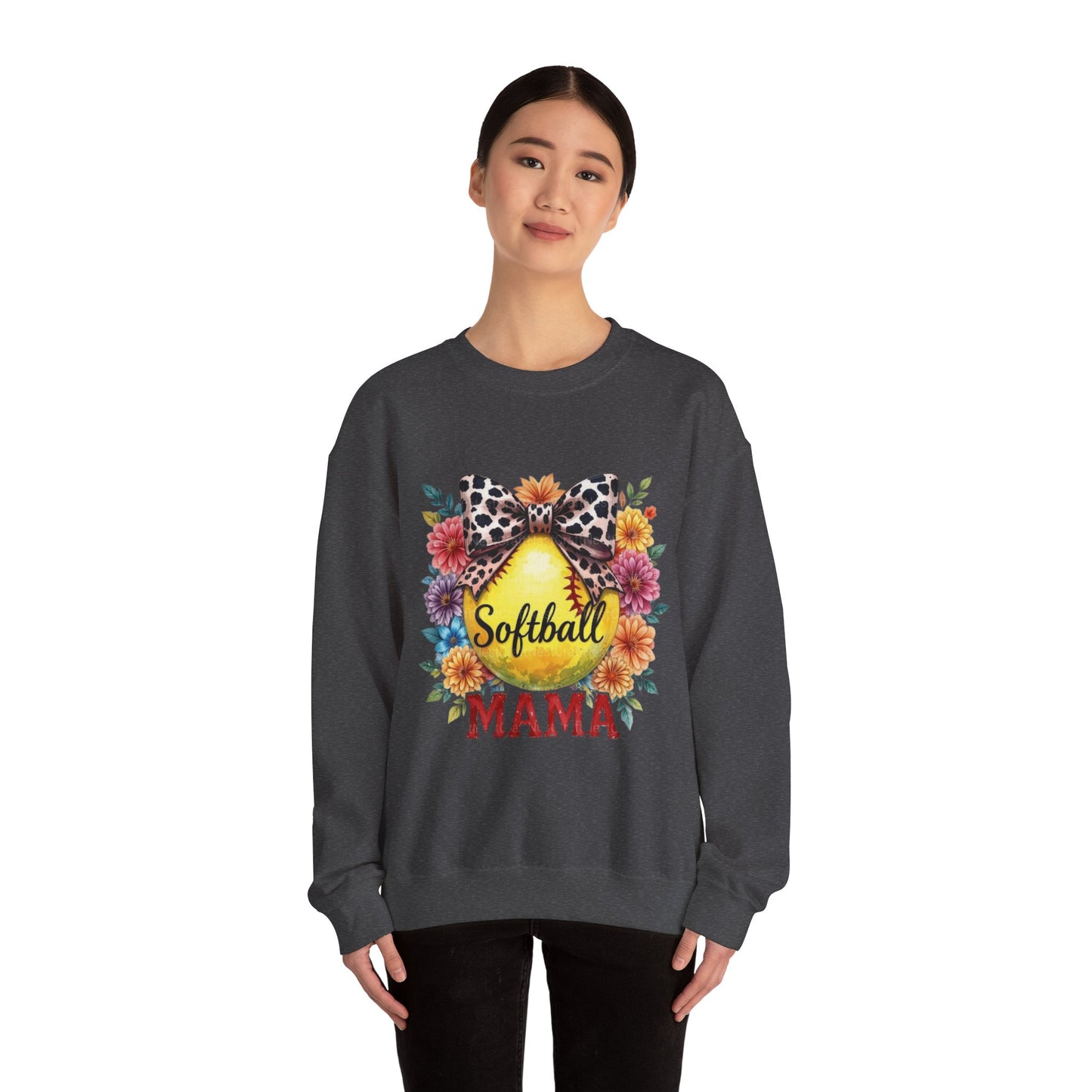 Softball Mama Crewneck Sweatshirt — Floral Softball Design with Leopard Bow