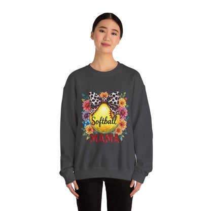 Softball Mama Crewneck Sweatshirt — Floral Softball Design with Leopard Bow