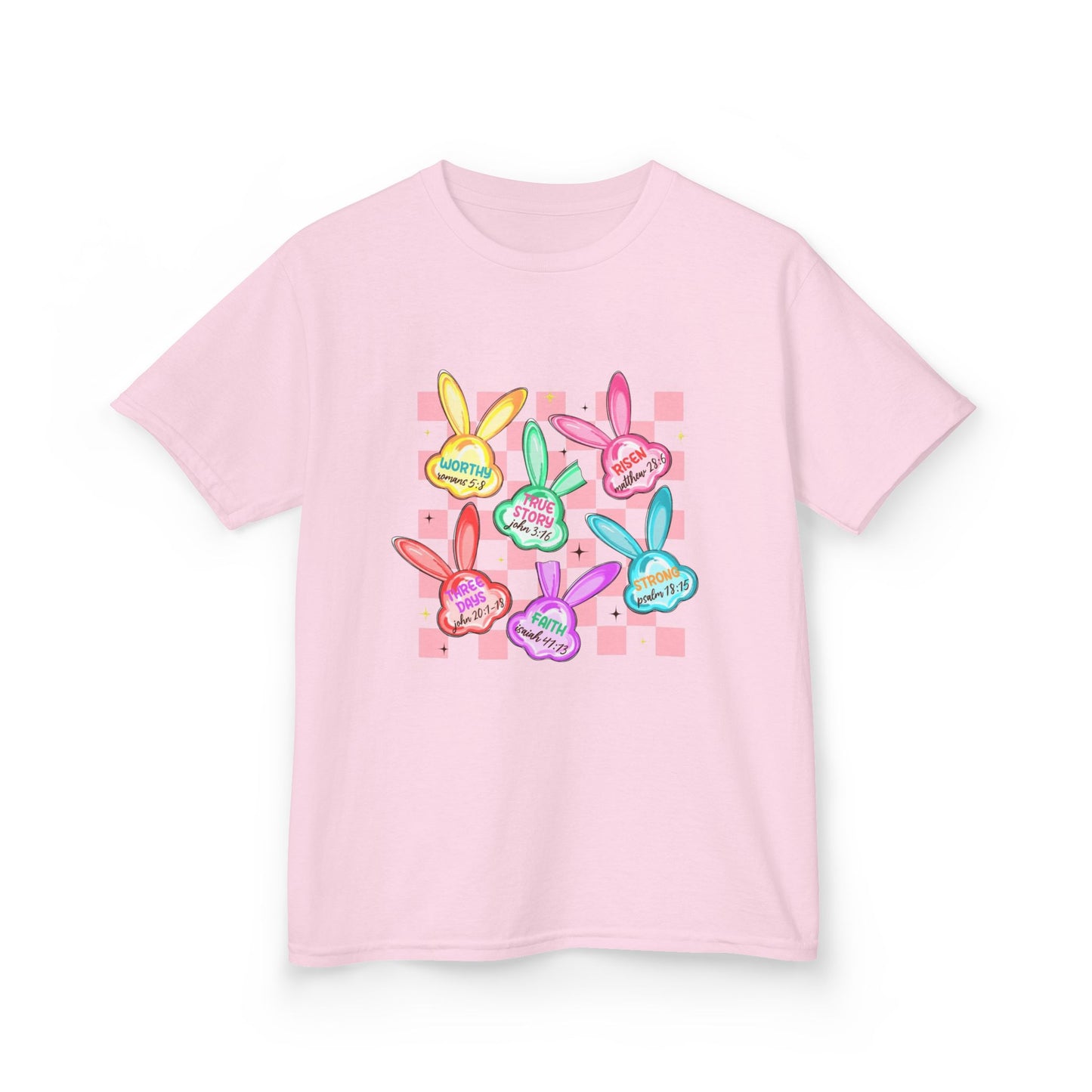 Kids Tee — Colorful Pastel Bunny Badges “Hug Me” Graphic