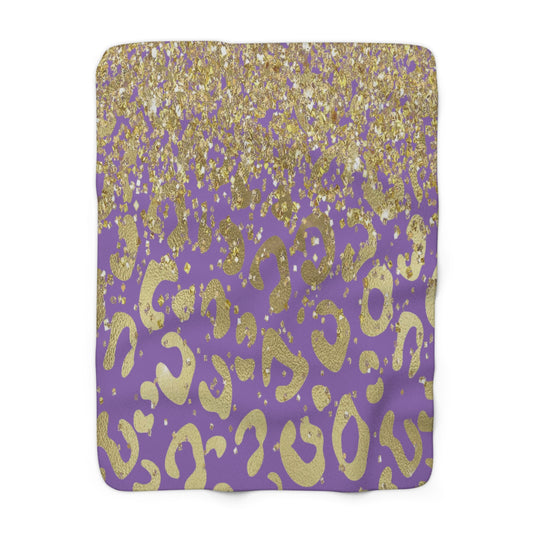 Gold Glitter Leopard Sherpa Blanket — Purple Animal Print Cozy Throw