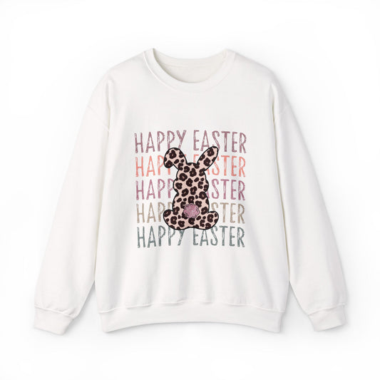 Easter Leopard Bunny Sweatshirt — "Happy Easter" Pastel Graphic Crewneck