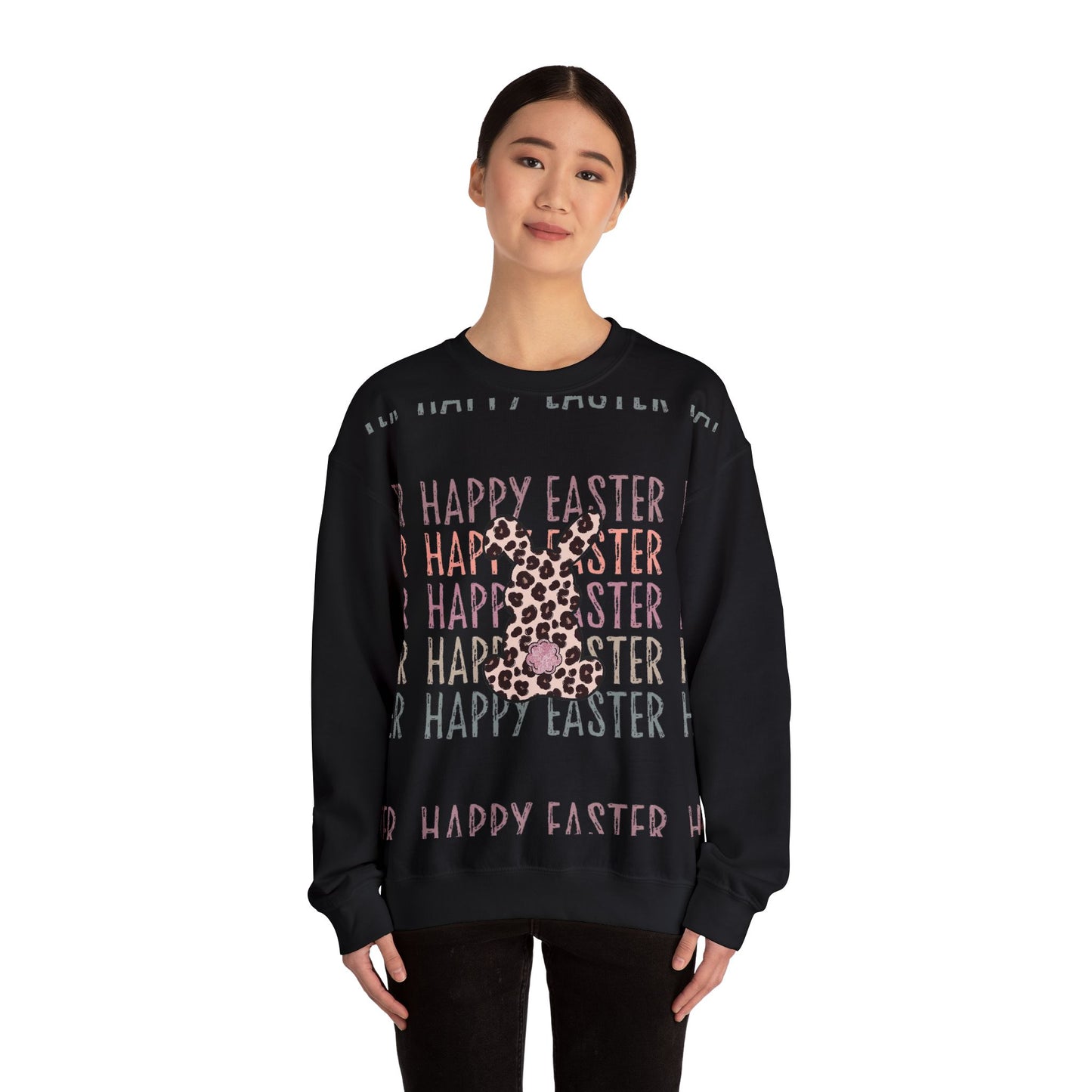 Easter Leopard Bunny Sweatshirt — "Happy Easter" Pastel Graphic Crewneck