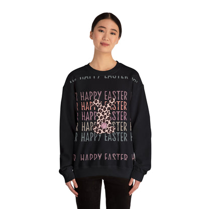 Easter Leopard Bunny Sweatshirt — "Happy Easter" Pastel Graphic Crewneck