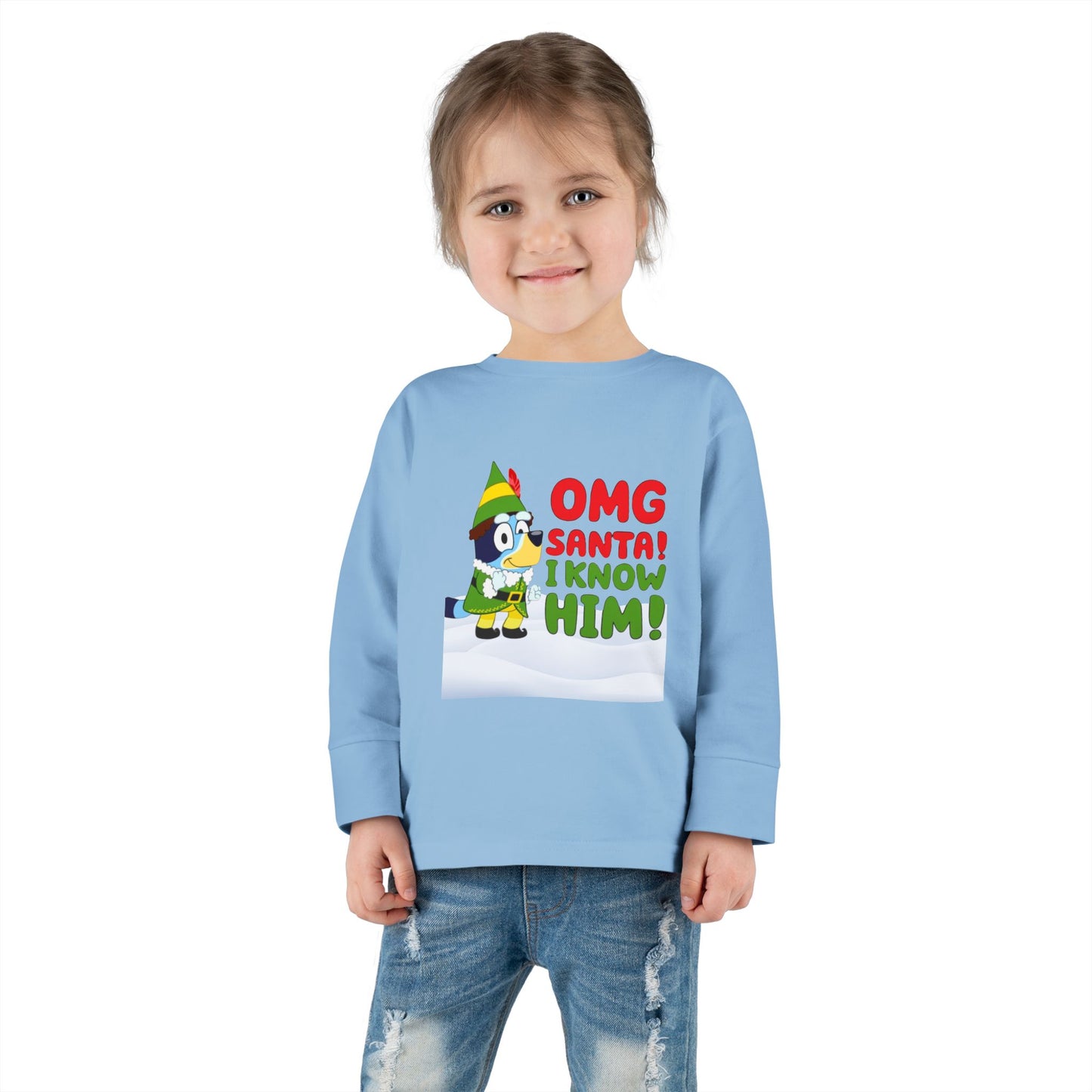 BLUE-Y Toddler Long Sleeve Tee — "OMG Santa! I Know Him!" DOG Christmas Shirt