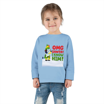 BLUE-Y Toddler Long Sleeve Tee — "OMG Santa! I Know Him!" DOG Christmas Shirt