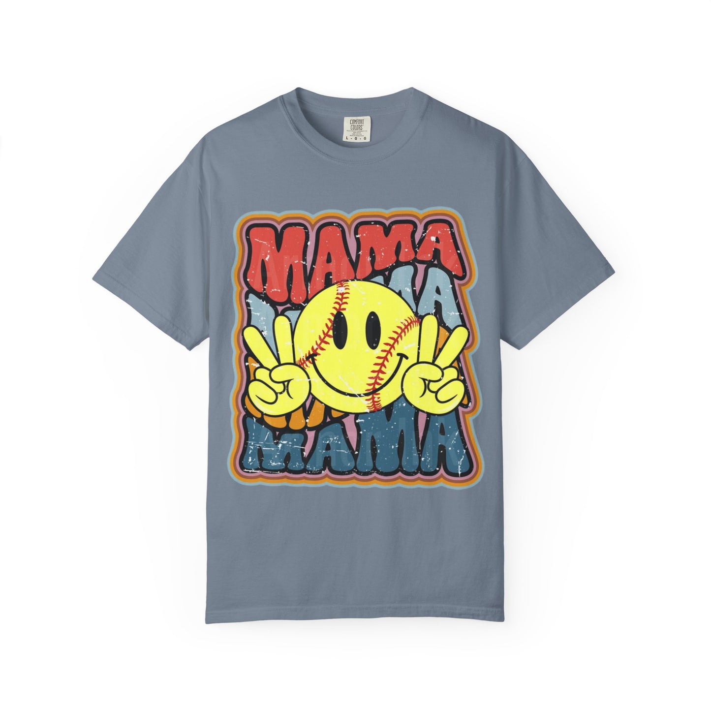 Mama Softball Smile T-Shirt — Retro Peace Sign Softball Mom Tee