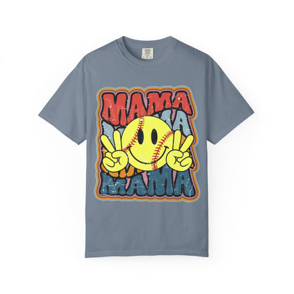 Mama Softball Smile T-Shirt — Retro Peace Sign Softball Mom Tee