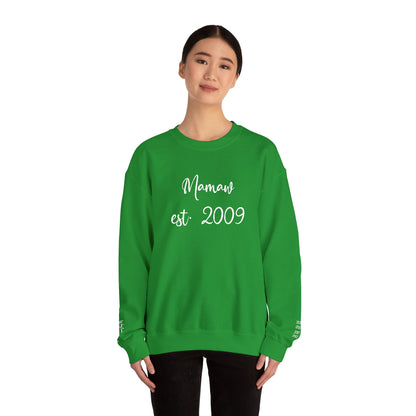 Mamaw est. 2009- Grandkids on Wrist - Crewneck Sweatshirt — Personalized Grandma Gift
