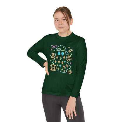 Youth Long Sleeve Ghost Tee, Halloween Shirt, Pumpkin Design, Cute Apparel, Kids' Holiday Wear, Spooky Fun Top